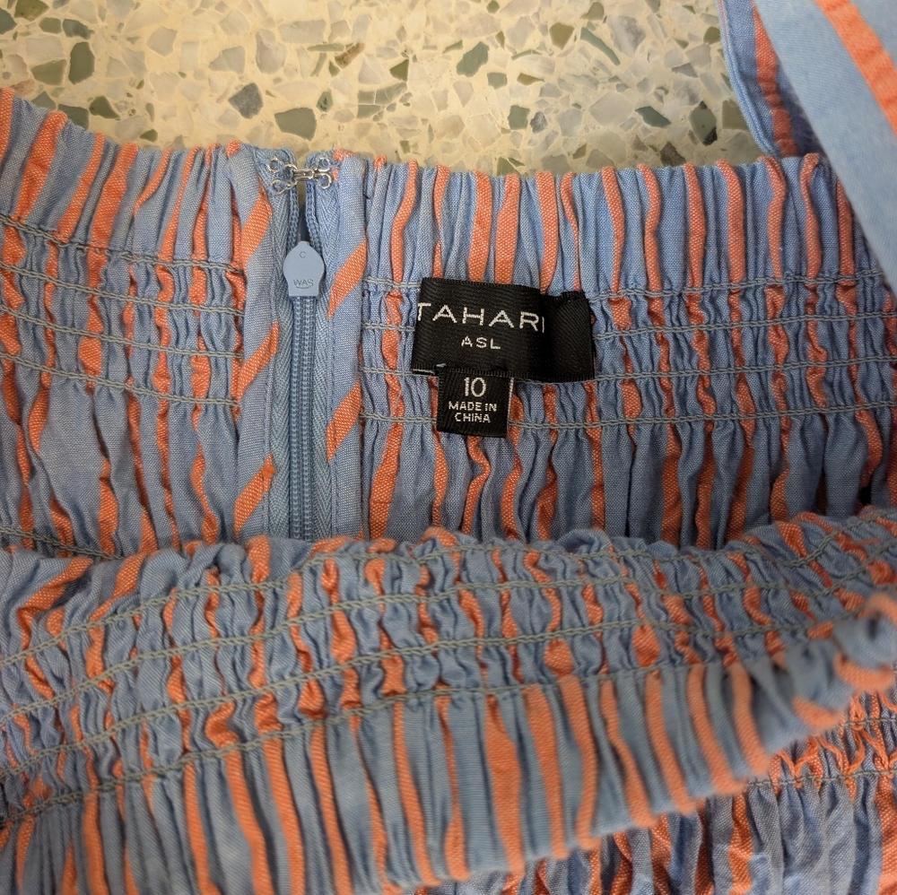 🩵SOLD🧡Tahari ASL Blue and Orange Striped Midi Dress With Puffy Sleeves - Picture 5 of 8